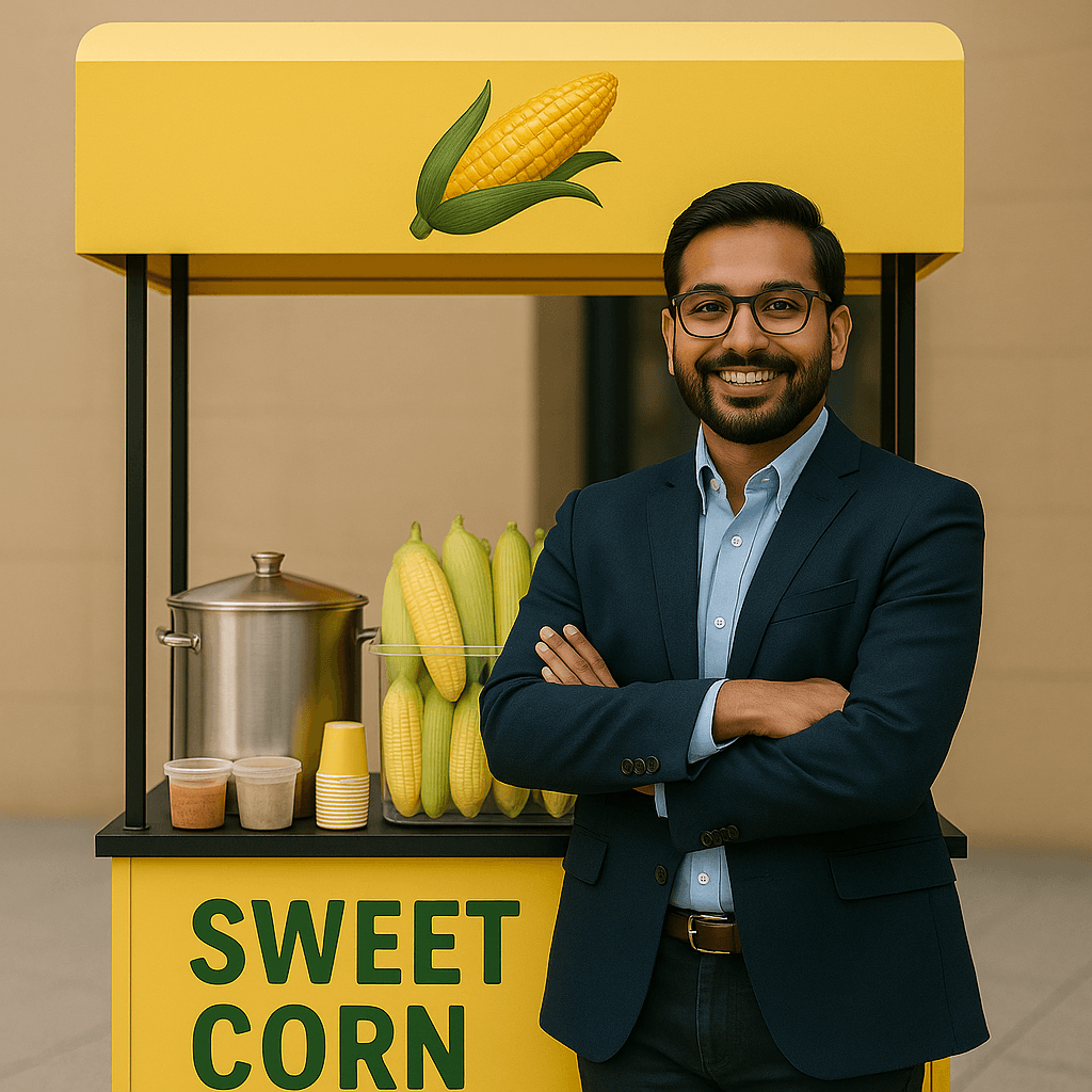 20250426_2139_Entrepreneur with Sweet Corn_remix_01jssdpb4kentbey2a8s0q298e